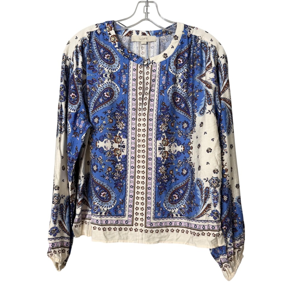 LOFT Paisley Floral Blouse Women Size S Blue White Long Sleeve Keyhole Top Boho